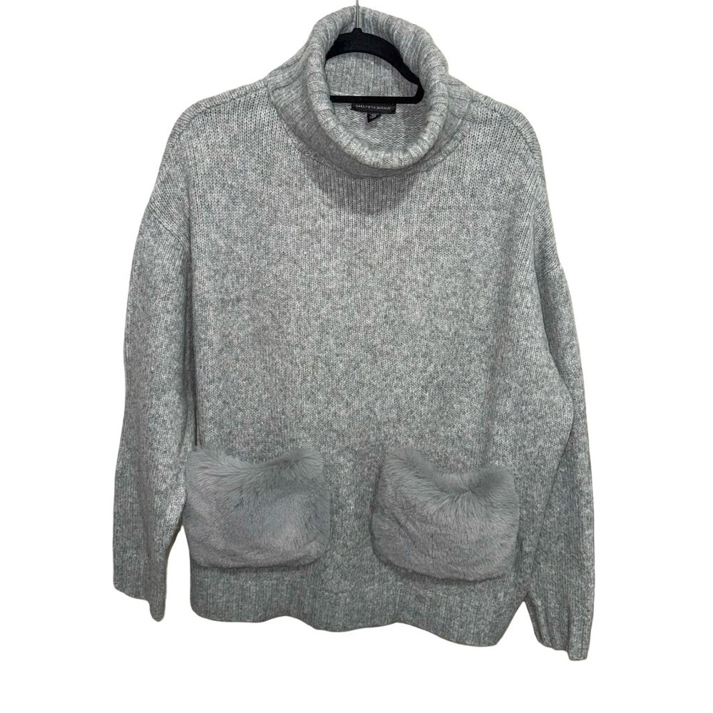 Saks Fifth Avenue Grey Wool/ Alpaca Turtleneck W/ Faux Fur Pockets Sweater Sz L